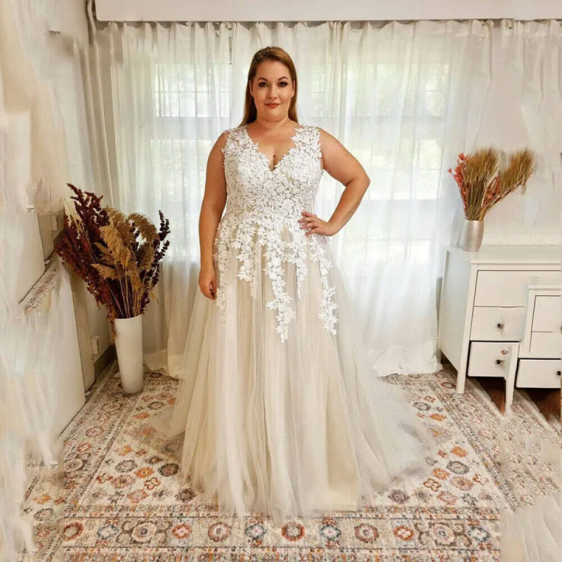 V Neck Lace Plus Size Wedding Dresses Beach Appliques A Line Boho Bridal Gowns sold by My Chic Dress