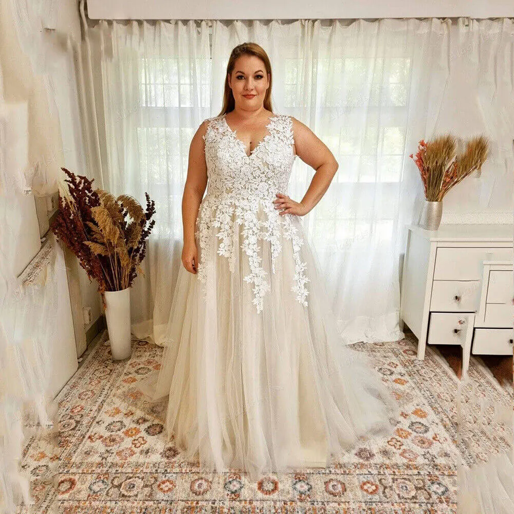 V Neck Lace Plus Size Wedding Dresses Beach Appliques A Line Boho Bridal Gowns sold by My Chic Dress