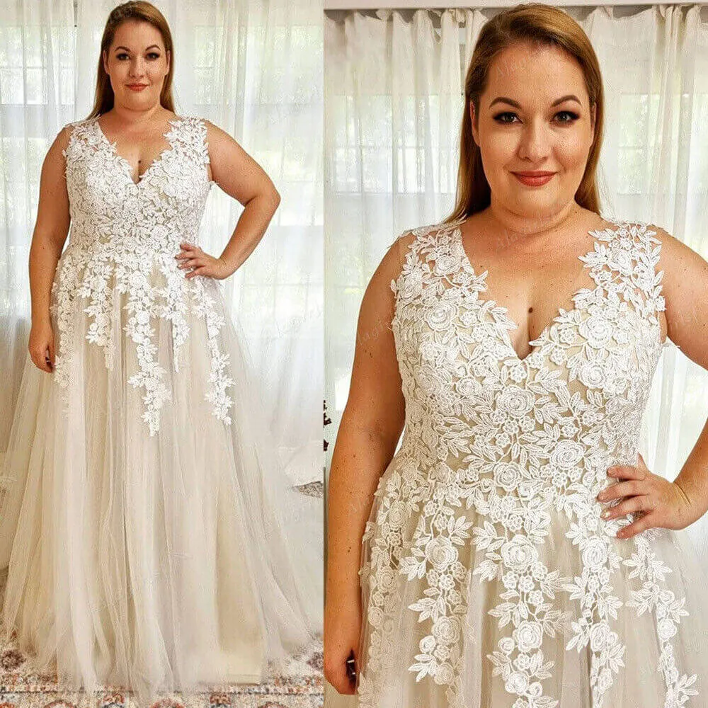 V Neck Lace Plus Size Wedding Dresses Beach Appliques A Line Boho Bridal Gowns sold by My Chic Dress product image thumbnail 2