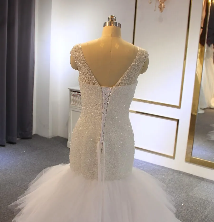 Hot Straps Mermaid Sequin Tulle White Wedding Dresses V Neck with Beadings sold by My Chic Dress product image thumbnail 2