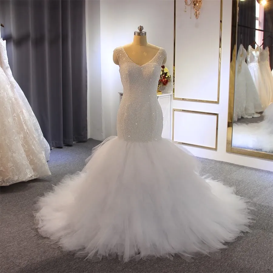 Hot Straps Mermaid Sequin Tulle White Wedding Dresses V Neck with Beadings sold by My Chic Dress