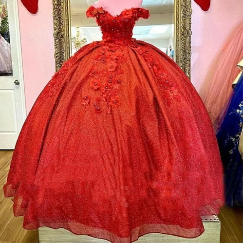 2025 Red Sweet 16 Dress Off The Shoulder Sequin Quinceanera Dresses 3d Floral sold by My Chic Dress