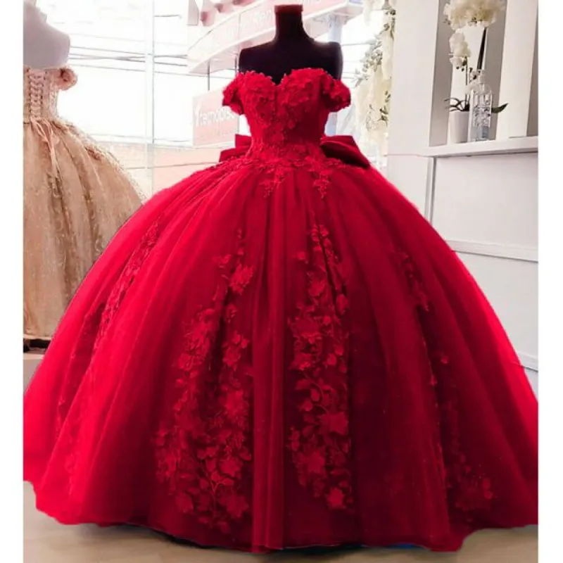 3D Floral Off Shoulder 2025 Red Quinceanera Dresses Sweet 16 Gowns sold by My Chic Dress