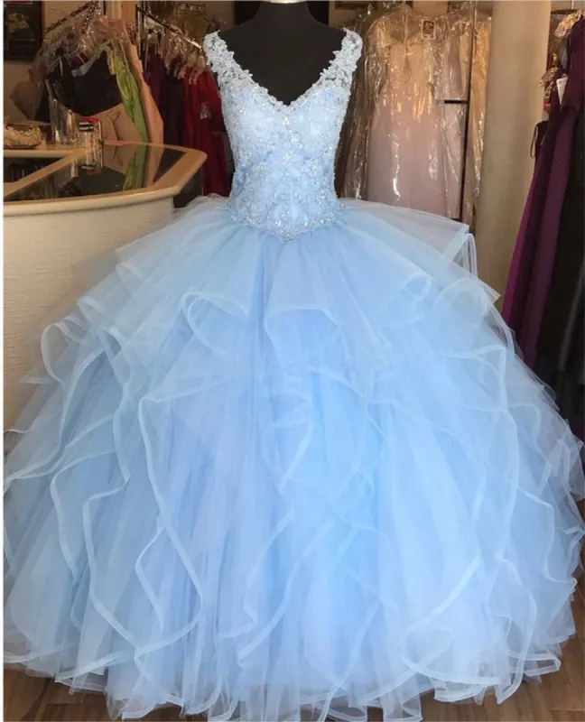 Elegant Lace Blue Quinceanera Dresses V-neck Sequin Ball Gowns Sweet 16 Dress sold by My Chic Dress