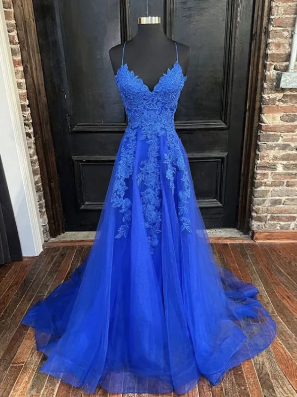 A Line Blue Lace Prom Dresses 2025 Cheap V Neck Formal Dresses sold by My Chic Dress