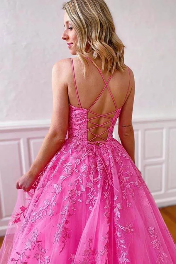Cheap Pink Tulle Prom Dresses 2025 With Lace Appliques Spaghetti Straps sold by My Chic Dress product image thumbnail 2