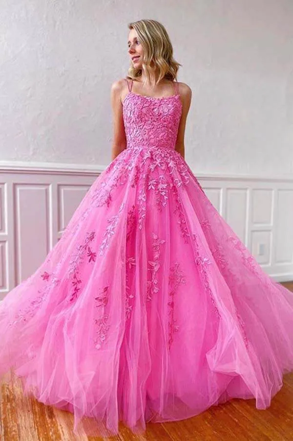Cheap Pink Tulle Prom Dresses 2025 With Lace Appliques Spaghetti Straps sold by My Chic Dress