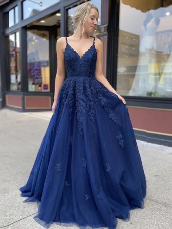 A Line V Neck Navy Blue Prom Dresses 2025 Lace Cheap Formal Dresses sold by My Chic Dress