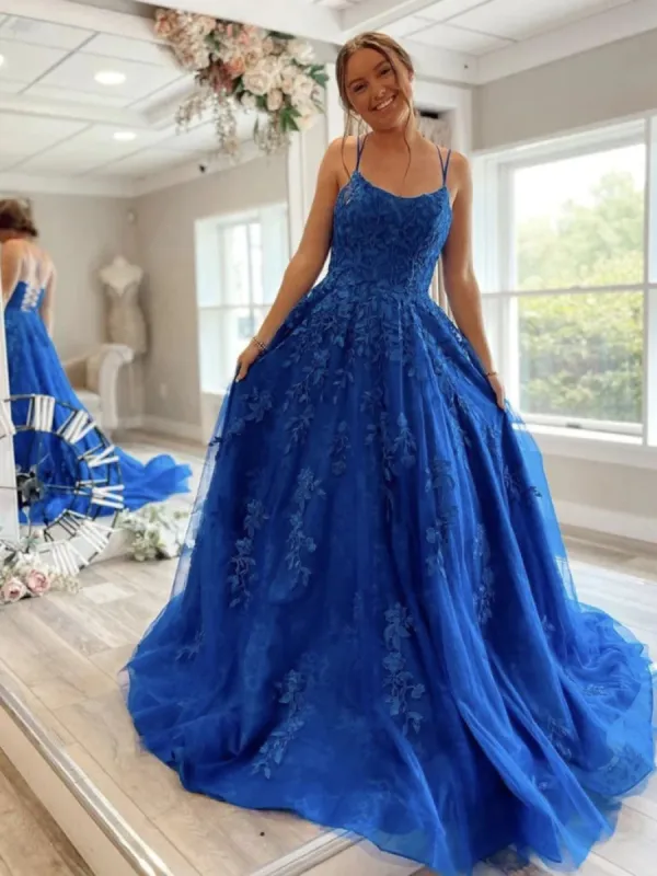 A Line Blue Lace 2025 Prom Dresses Cross Back Cheap Formal Evening Dresses sold by My Chic Dress