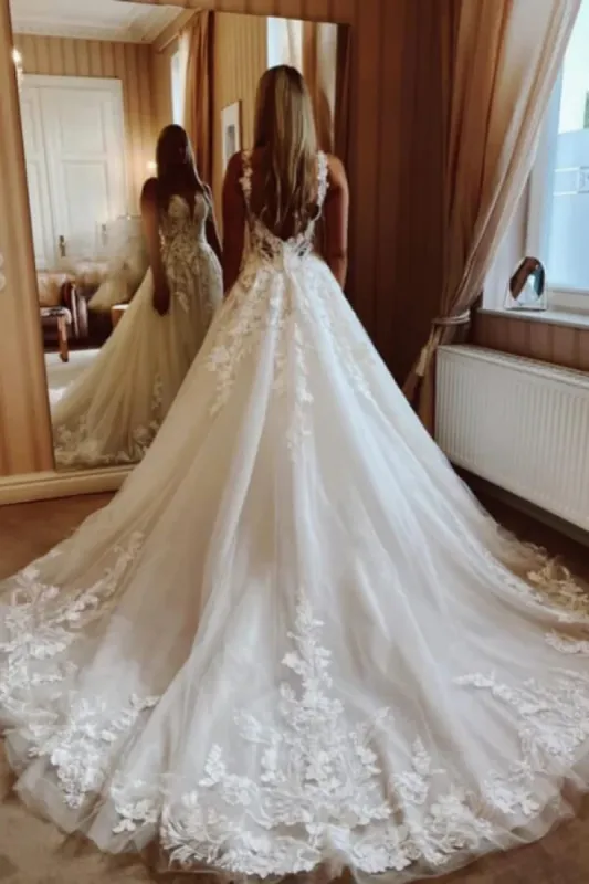 A Line Deep V Neck Lace Wedding Dresses Applique Brida Gown sold by My Chic Dress