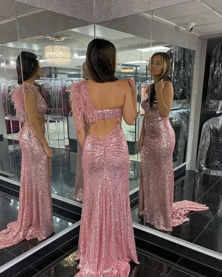 2025 Blush Pink Sequins Prom Dresses Mermaid Evening Dress One Shoulder sold by My Chic Dress product image thumbnail 2