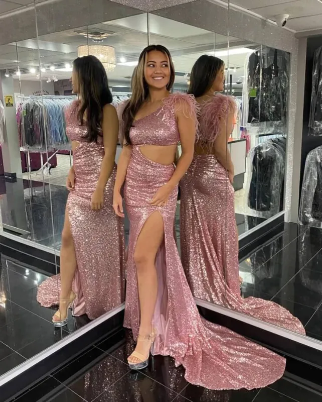 2025 Blush Pink Sequins Prom Dresses Mermaid Evening Dress One Shoulder sold by My Chic Dress