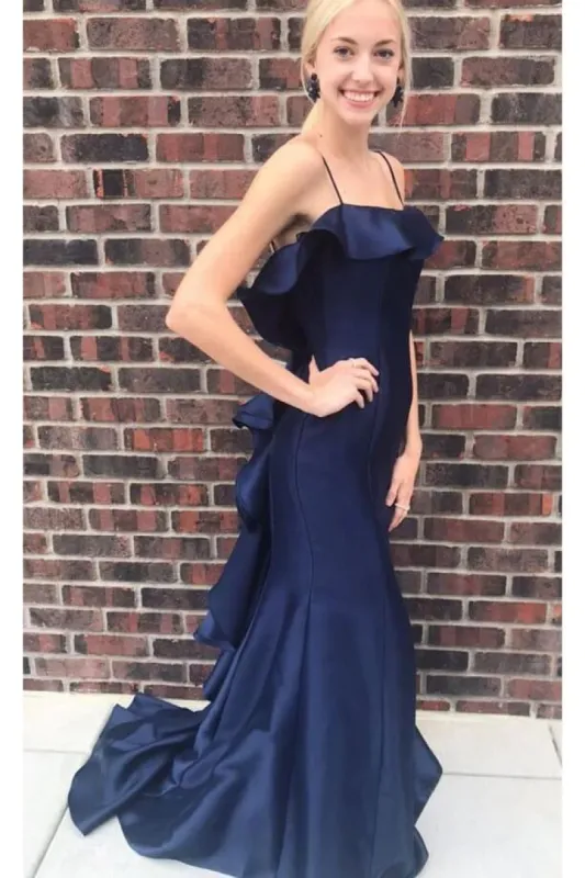 Navy Blue Satin Prom Dresses With Ruffles Spaghetti Straps Long Formal Gown sold by My Chic Dress
