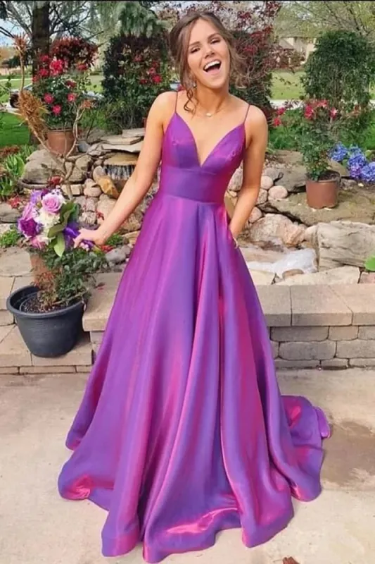 Simple Purple Prom Dresses Satin V Neck Spaghetti Straps Formal Dress sold by My Chic Dress