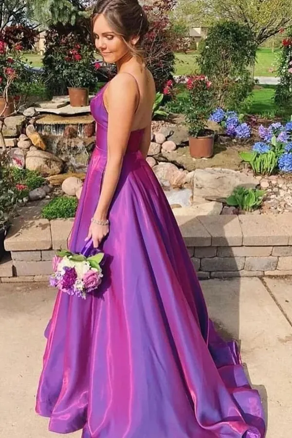 Simple Purple Prom Dresses Satin V Neck Spaghetti Straps Formal Dress sold by My Chic Dress product image thumbnail 2