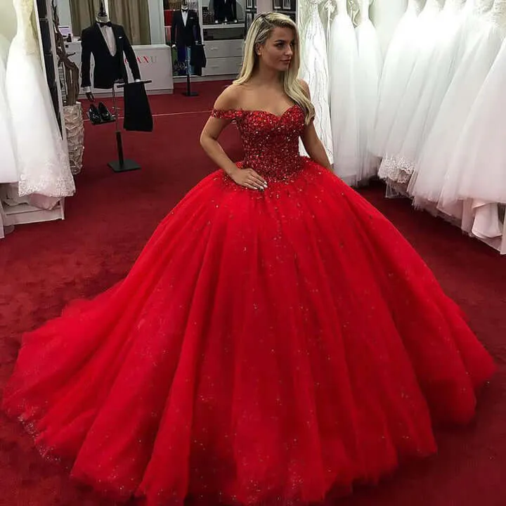 Sparkly Red Ball Gown Wedding Dresses Sweetheart Off Shoulder Sequins Quince Dress sold by My Chic Dress product image thumbnail 2