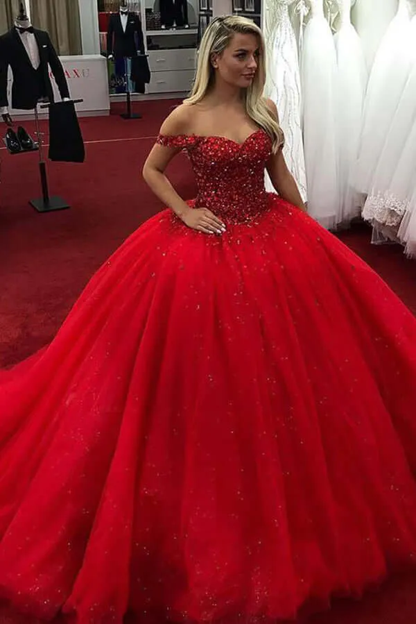 Sparkly Red Ball Gown Wedding Dresses Sweetheart Off Shoulder Sequins Quince Dress sold by My Chic Dress