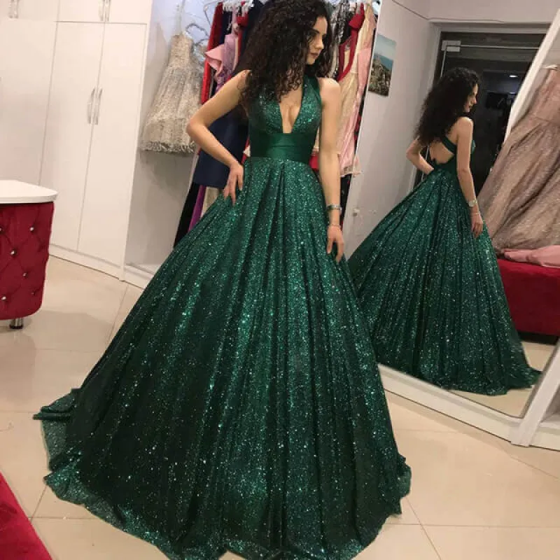 2025 Hot Green Sequined Prom Dresses Long V Neck Ball Gown Quinceanera Dresses sold by My Chic Dress