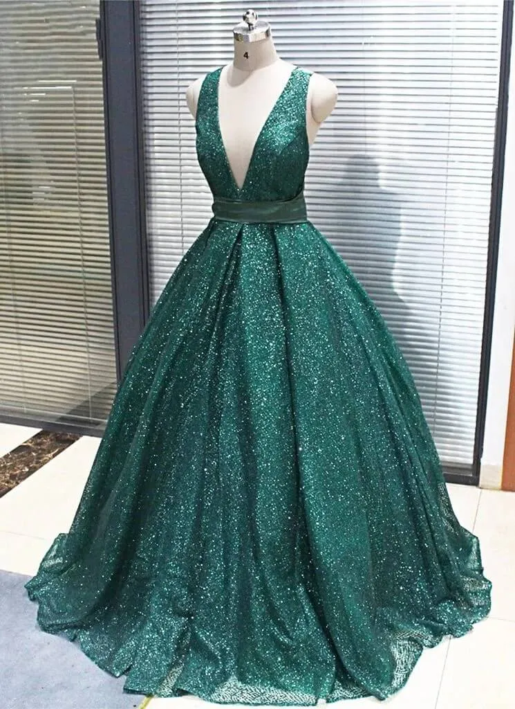 2025 Hot Green Sequined Prom Dresses Long V Neck Ball Gown Quinceanera Dresses sold by My Chic Dress product image thumbnail 3
