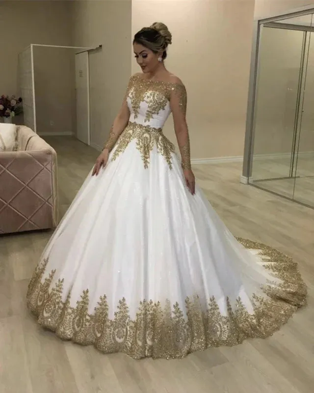 A Line Lace Beaded Gold White Wedding Dresses Off the Shoulder sold by My Chic Dress