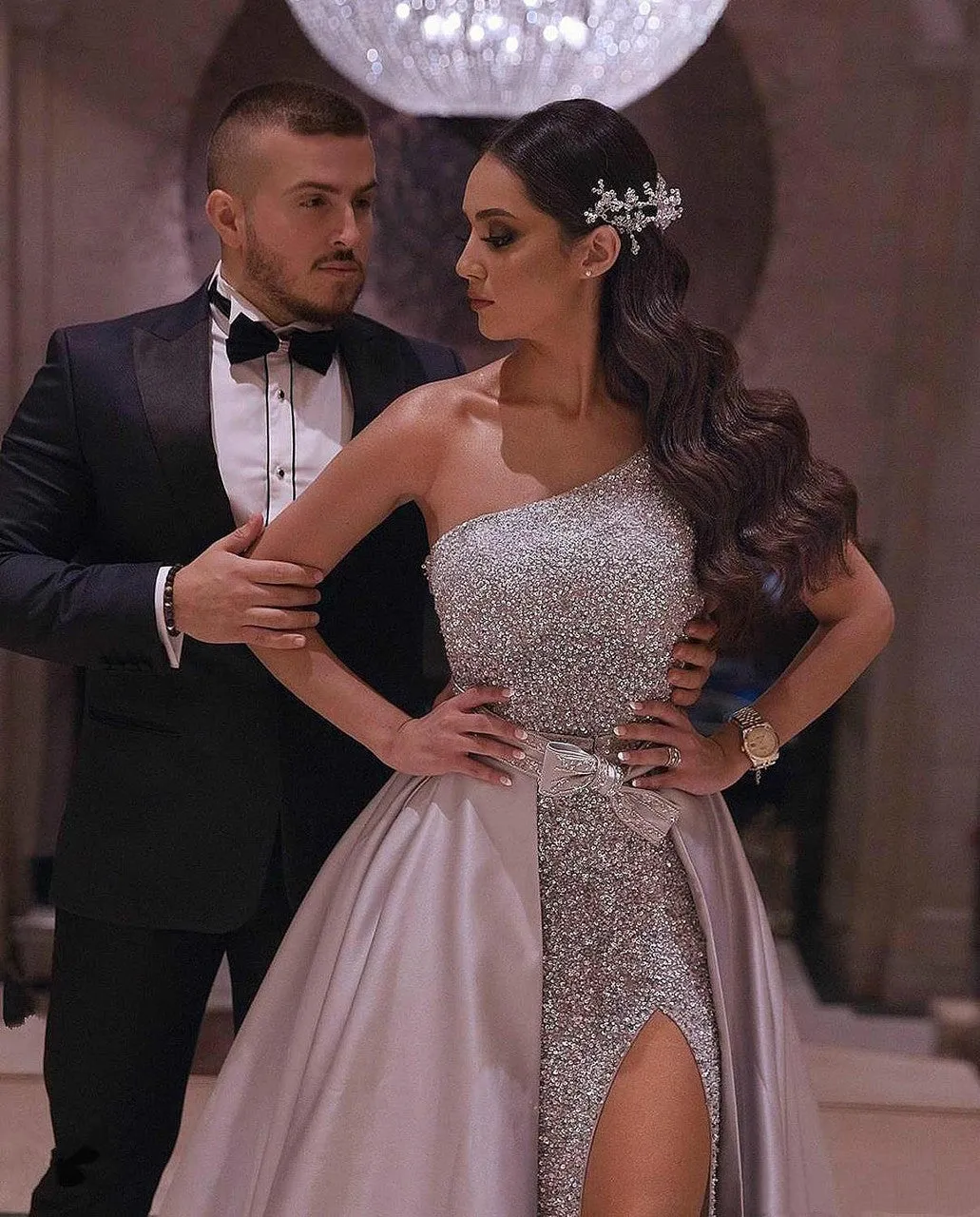 Cheap 2025 Pink Prom Dresses Sequins One Shoulder With Detachable Train sold by My Chic Dress product image thumbnail 2