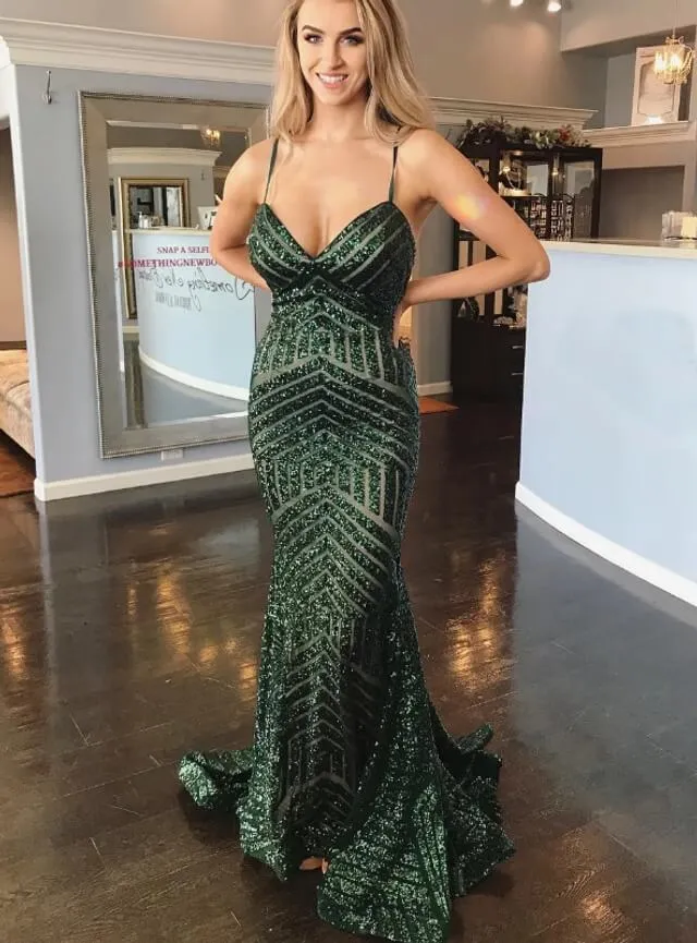 Hot Green Sequins Prom Dresses Mermaid Spaghetti Straps Backless sold by My Chic Dress