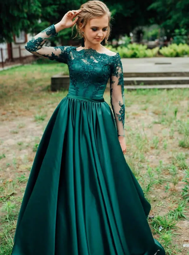 A-Line Green Long Sleeve Prom Dresses Satin Off the Shoulder Appliques sold by My Chic Dress