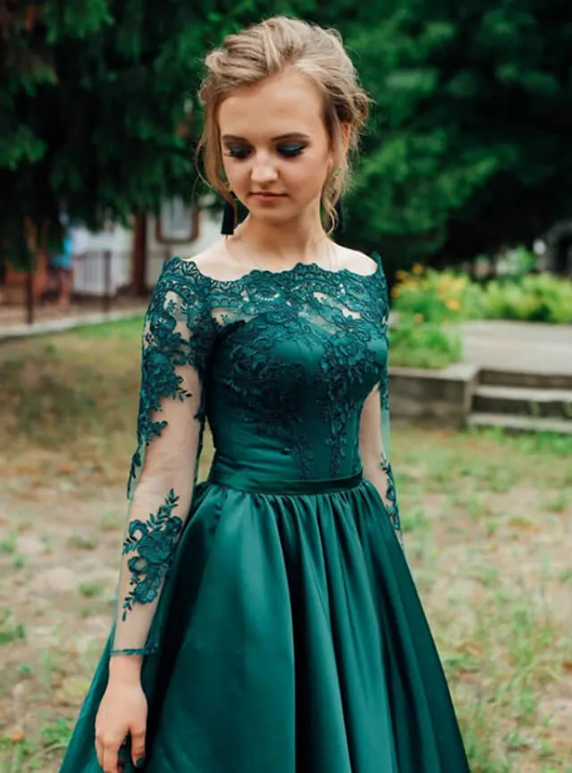 A-Line Green Long Sleeve Prom Dresses Satin Off the Shoulder Appliques sold by My Chic Dress product image thumbnail 2
