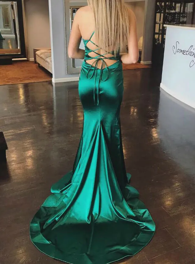 Green Satin Halter Prom Dresses Mermaid Formal Dress Crossed Straps Back sold by My Chic Dress product image thumbnail 2
