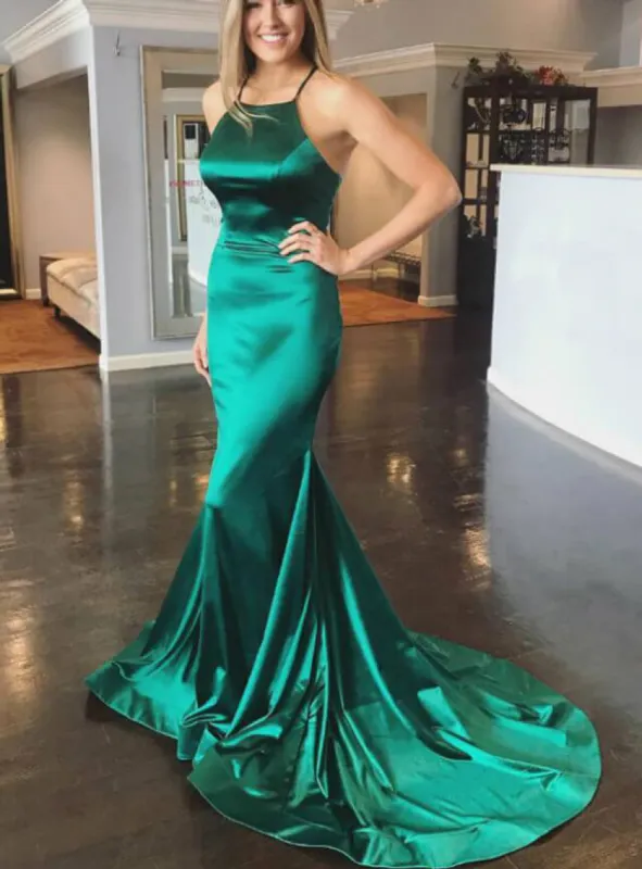 Green Satin Halter Prom Dresses Mermaid Formal Dress Crossed Straps Back sold by My Chic Dress