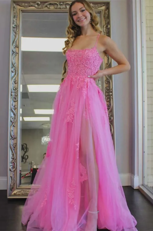 Princess Hot Pink Prom Dresses Lace Tulle Formal Dress Appliqued with Slit sold by My Chic Dress