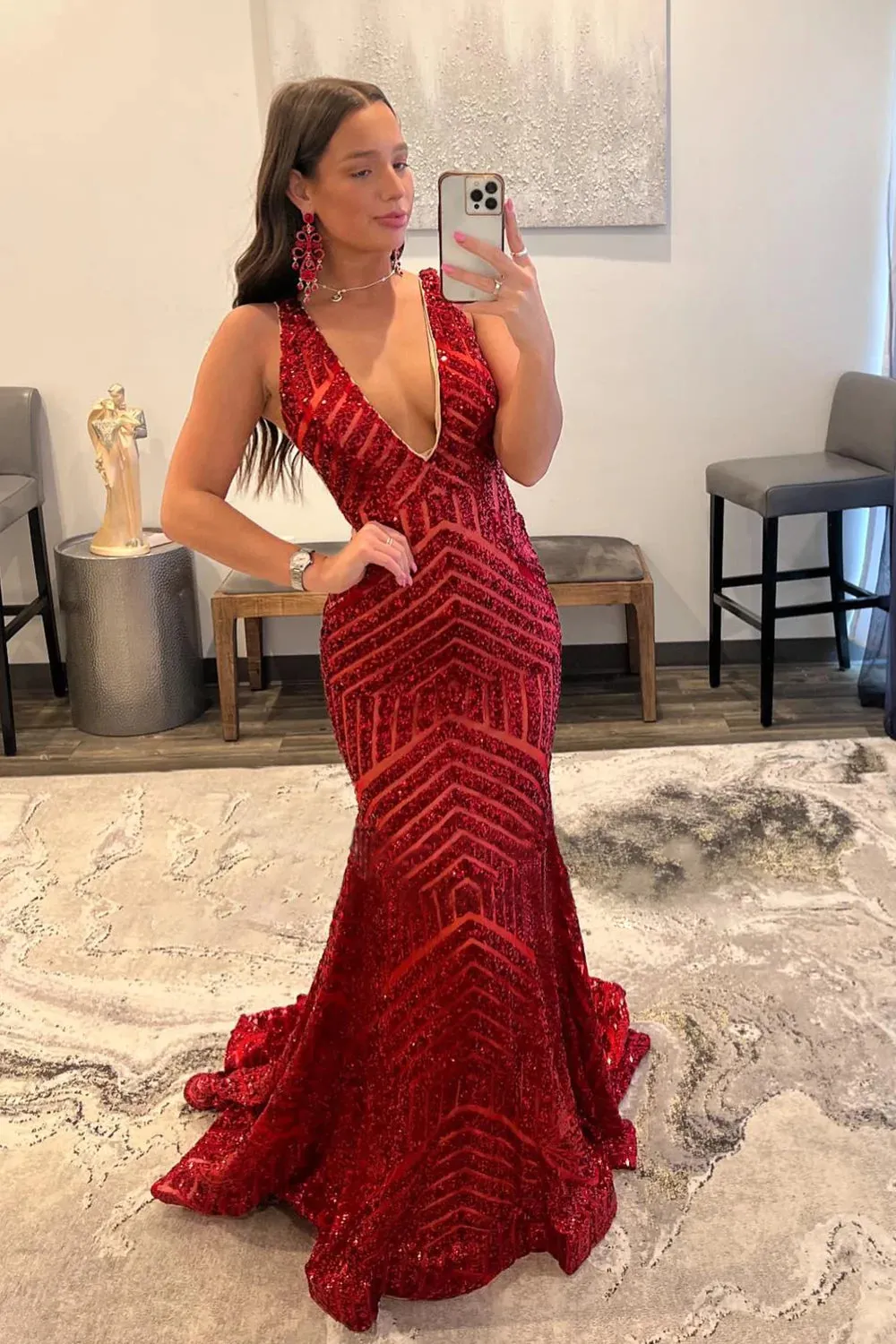 Sequin Prom Dresses Red Deep V Neck Mermaid Formal Dresses Long UK sold by My Chic Dress