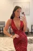 Sequin Prom Dresses Red Deep V Neck Mermaid Formal Dresses Long UK sold by My Chic Dress