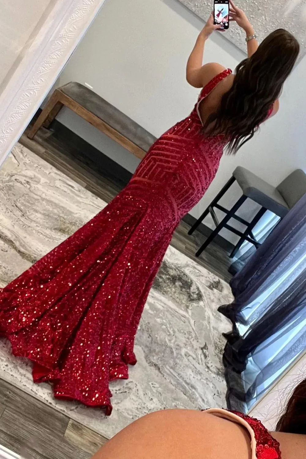 Sequin Prom Dresses Red Deep V Neck Mermaid Formal Dresses Long UK sold by My Chic Dress product image thumbnail 2