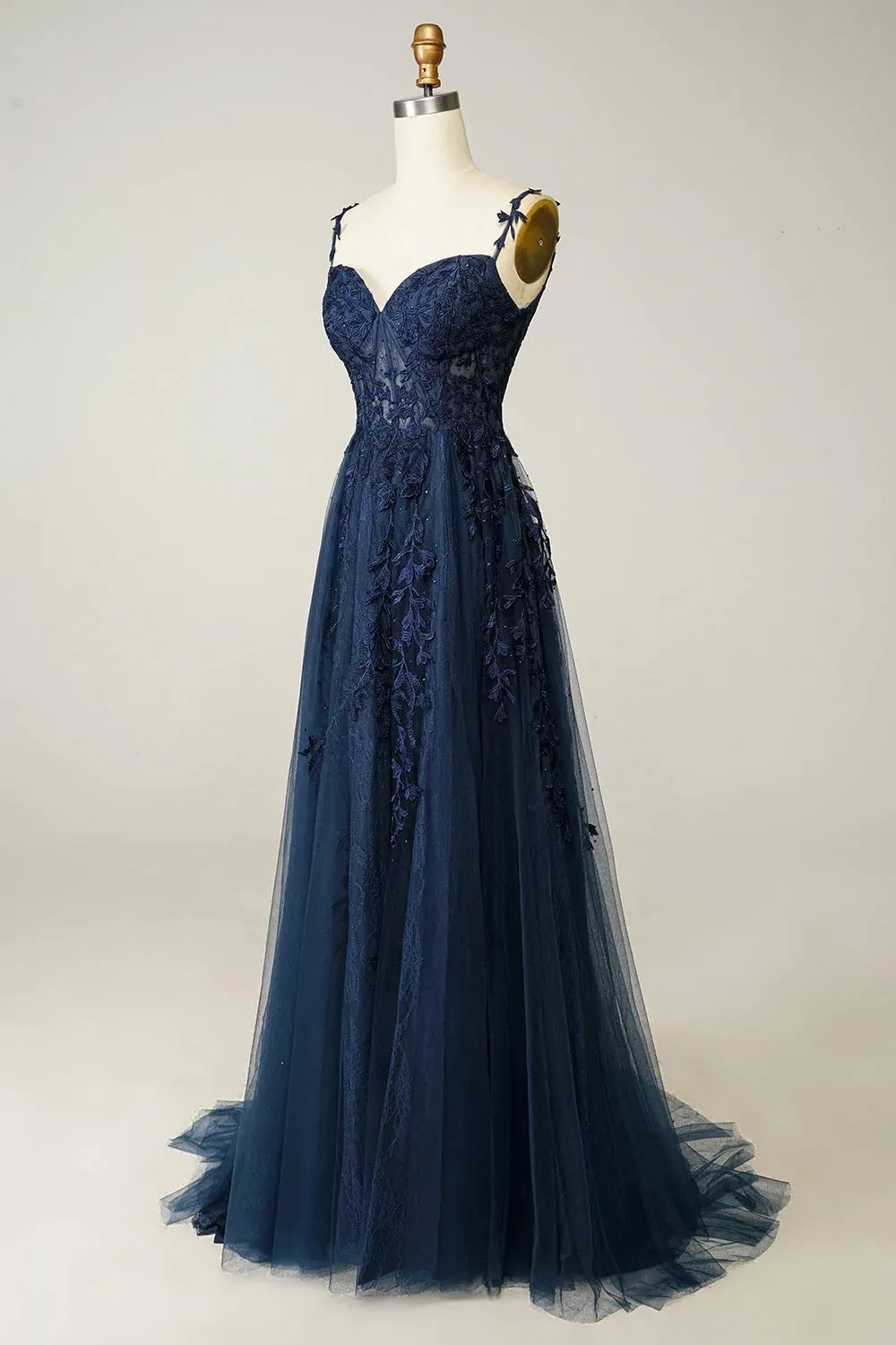A Line Cheap Navy Blue Lace Prom Dresses Spaghetti Straps with Appliques sold by My Chic Dress product image thumbnail 2