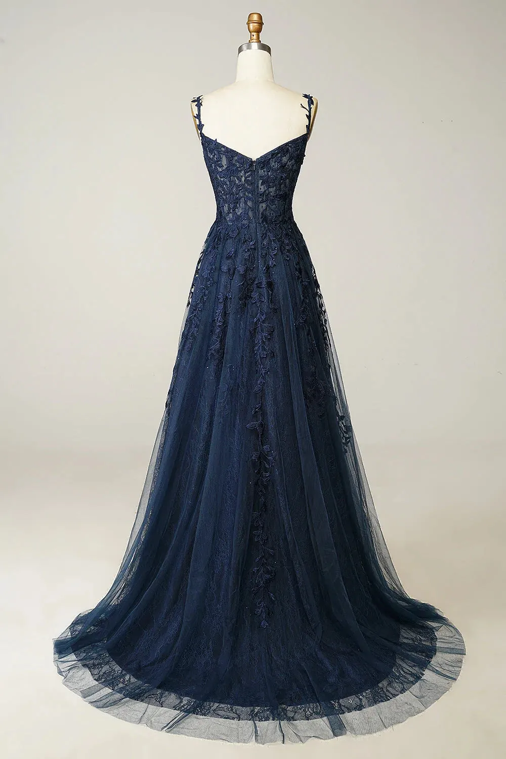 A Line Cheap Navy Blue Lace Prom Dresses Spaghetti Straps with Appliques sold by My Chic Dress product image thumbnail 3