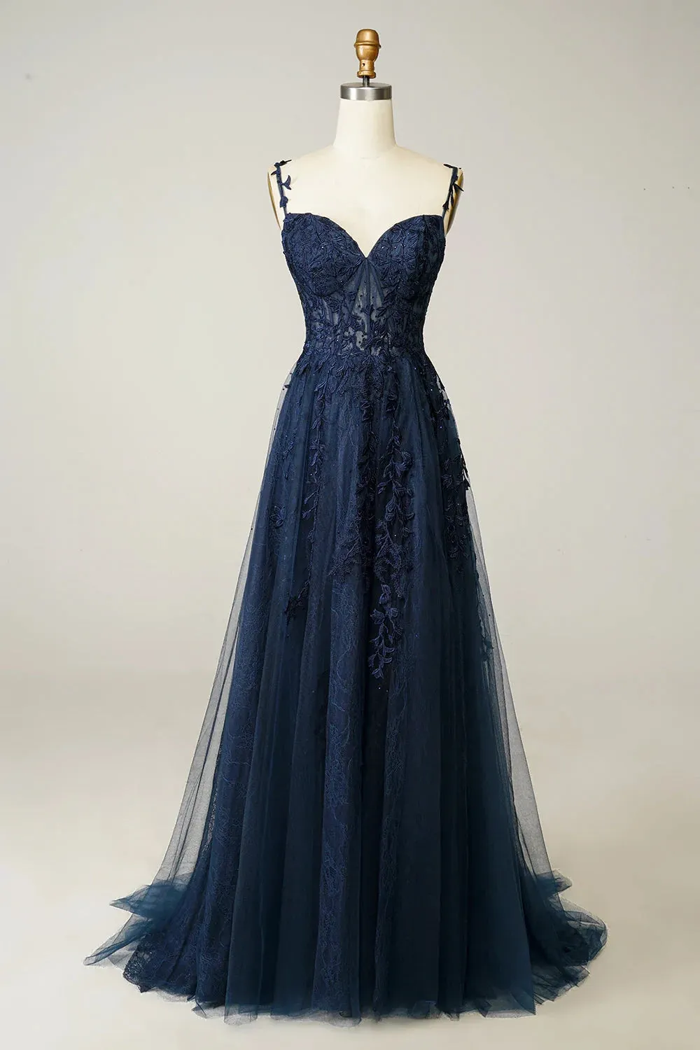 A Line Cheap Navy Blue Lace Prom Dresses Spaghetti Straps with Appliques sold by My Chic Dress