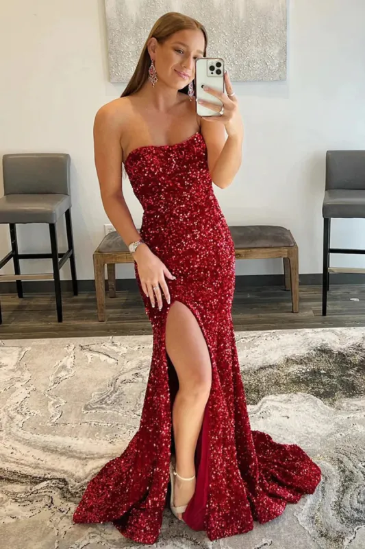 2025 Long Red Prom Dresses Sequin Mermaid Strapless Formal Dress sold by My Chic Dress