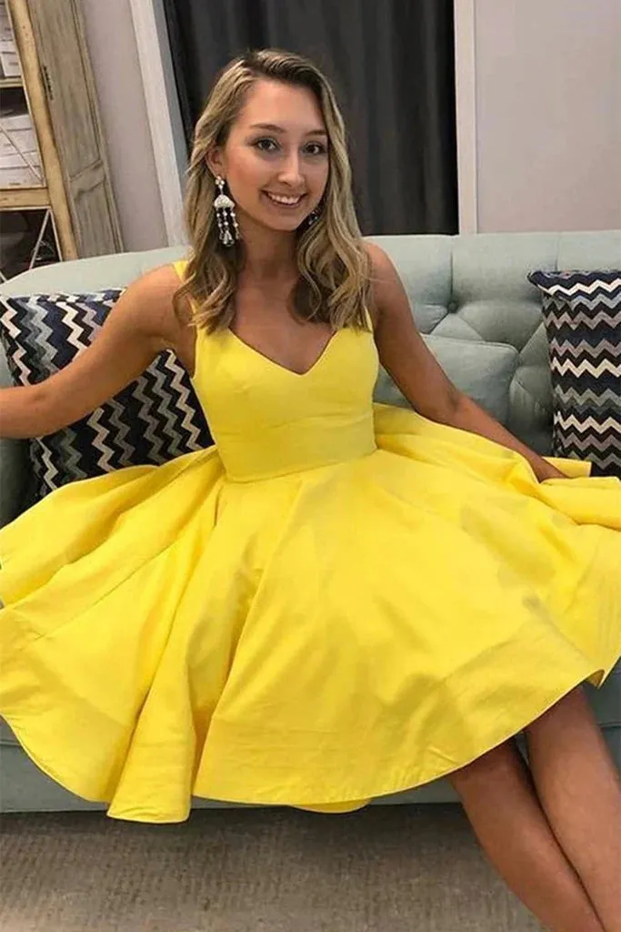 Hot V Neck Yellow Short Prom Dress Satin Mini Homecoming Dress Sleeveless sold by My Chic Dress