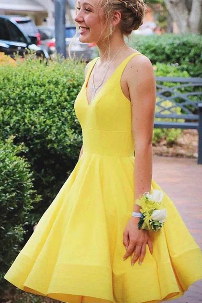 Hot V Neck Yellow Short Prom Dress Satin Mini Homecoming Dress Sleeveless sold by My Chic Dress product image thumbnail 3