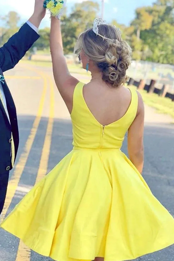 Hot V Neck Yellow Short Prom Dress Satin Mini Homecoming Dress Sleeveless sold by My Chic Dress product image thumbnail 2