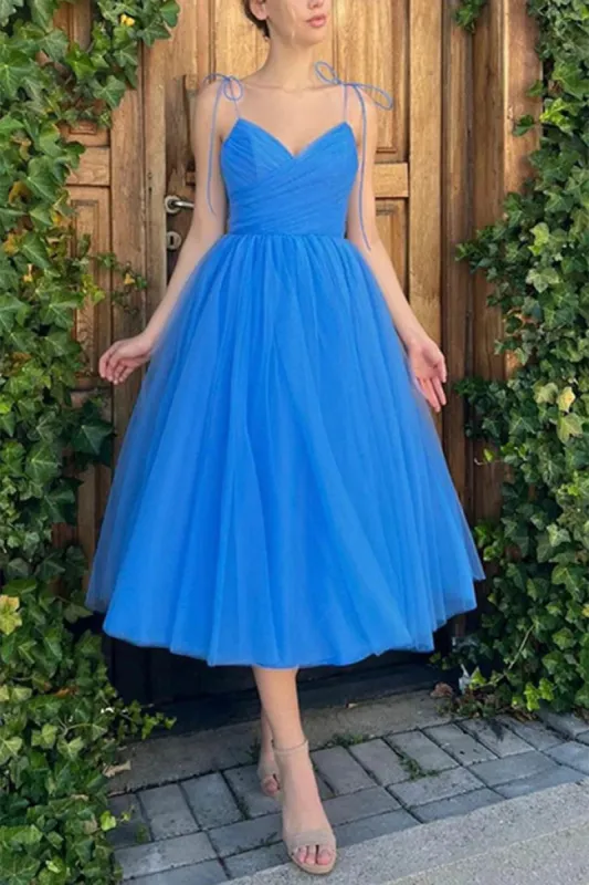 Simple V Neck Blue Tulle Prom Dress Tea Length Short Wedding Guest Dresses sold by My Chic Dress
