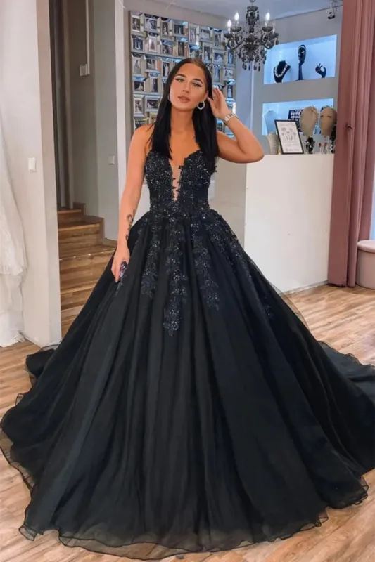 A Line Black Lace Long Prom Dresses V Neck Beaded Formal Evening Dress sold by My Chic Dress