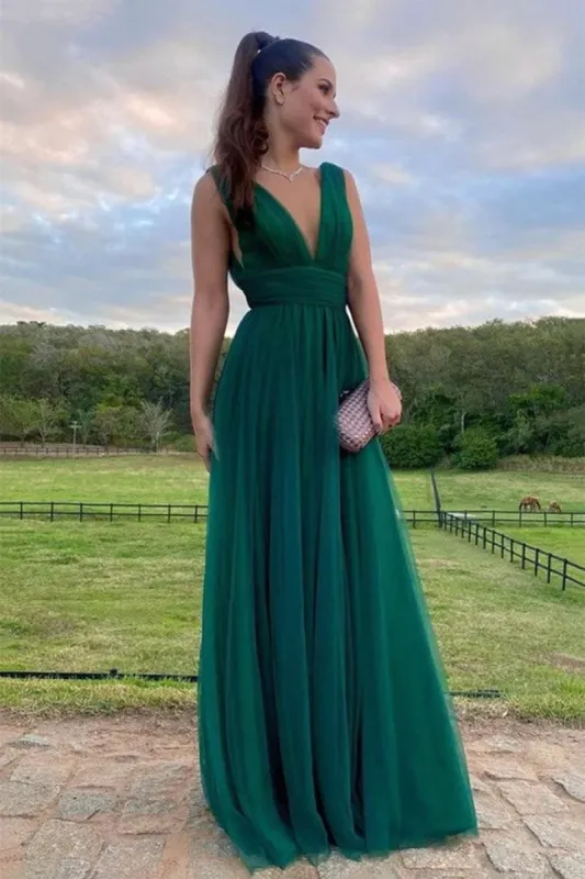 A Line Green Tulle Long Prom Dresses V Neck Formal Wedding Guest Dress sold by My Chic Dress