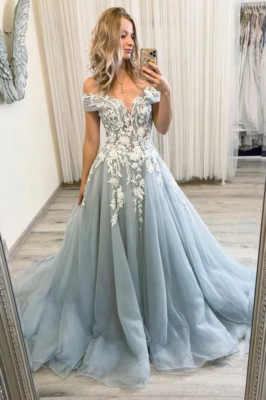 2025 A Line Off Shoulder Lace Applique Prom Dresses Tulle Long Formal Dress sold by My Chic Dress