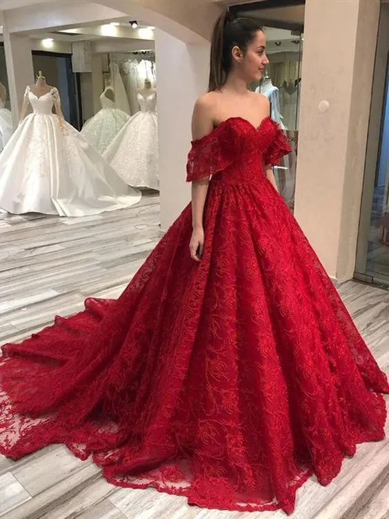 Cheap 2025 Off The Shoulder Lace Prom Dresses Red Long Party Dresses sold by My Chic Dress