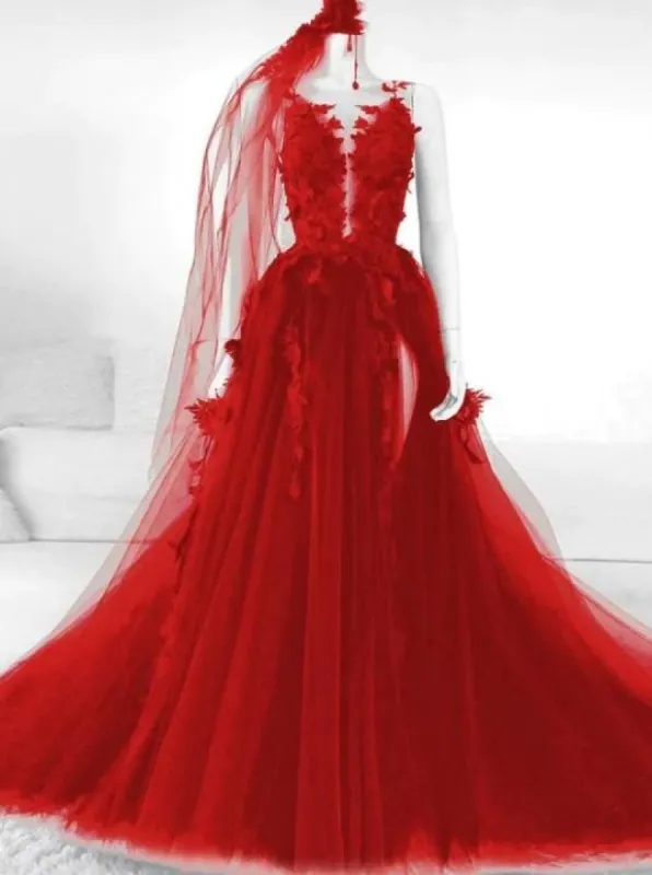 Sexy Red Lace Prom Dresses UK Tulle Backless Formal Dress With Veil Free sold by My Chic Dress