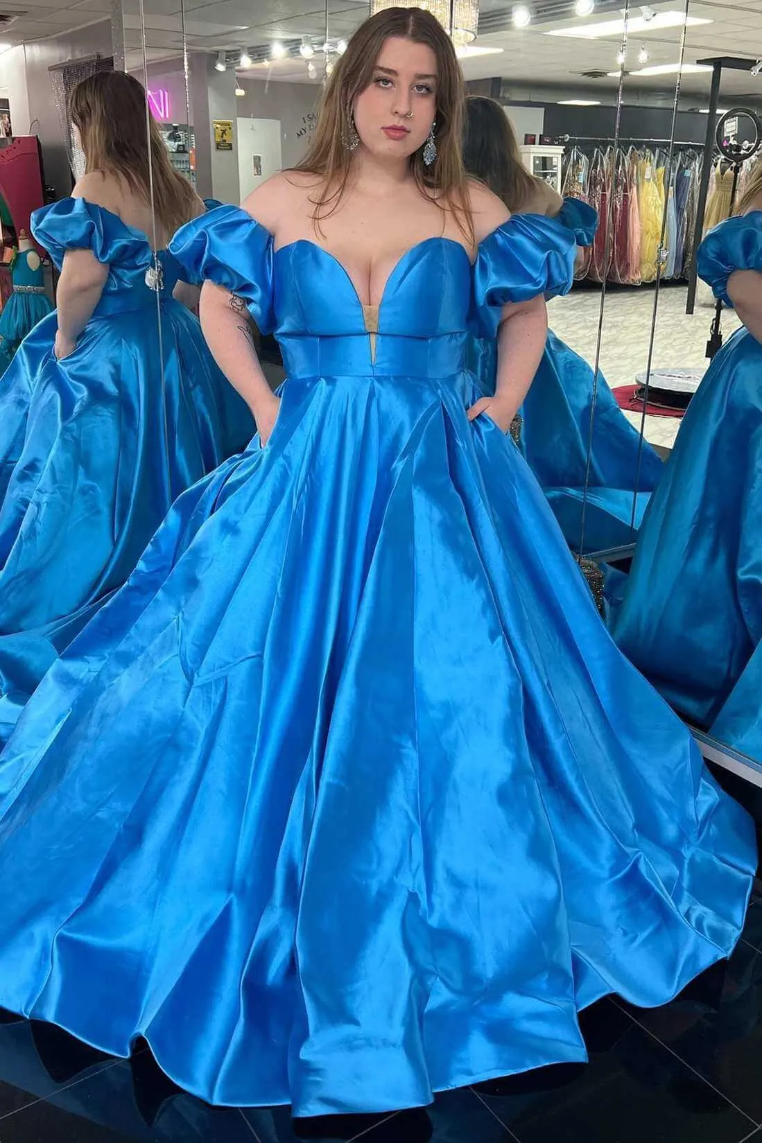Off Shoulder Satin Plus Size Prom Dresses Royal Blue Formal Dress with Bubble Sleeves sold by My Chic Dress