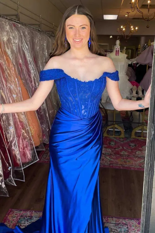 Off the Shoulder Lace Bone Royal Blue Prom Dresses UK with Ruffles sold by My Chic Dress