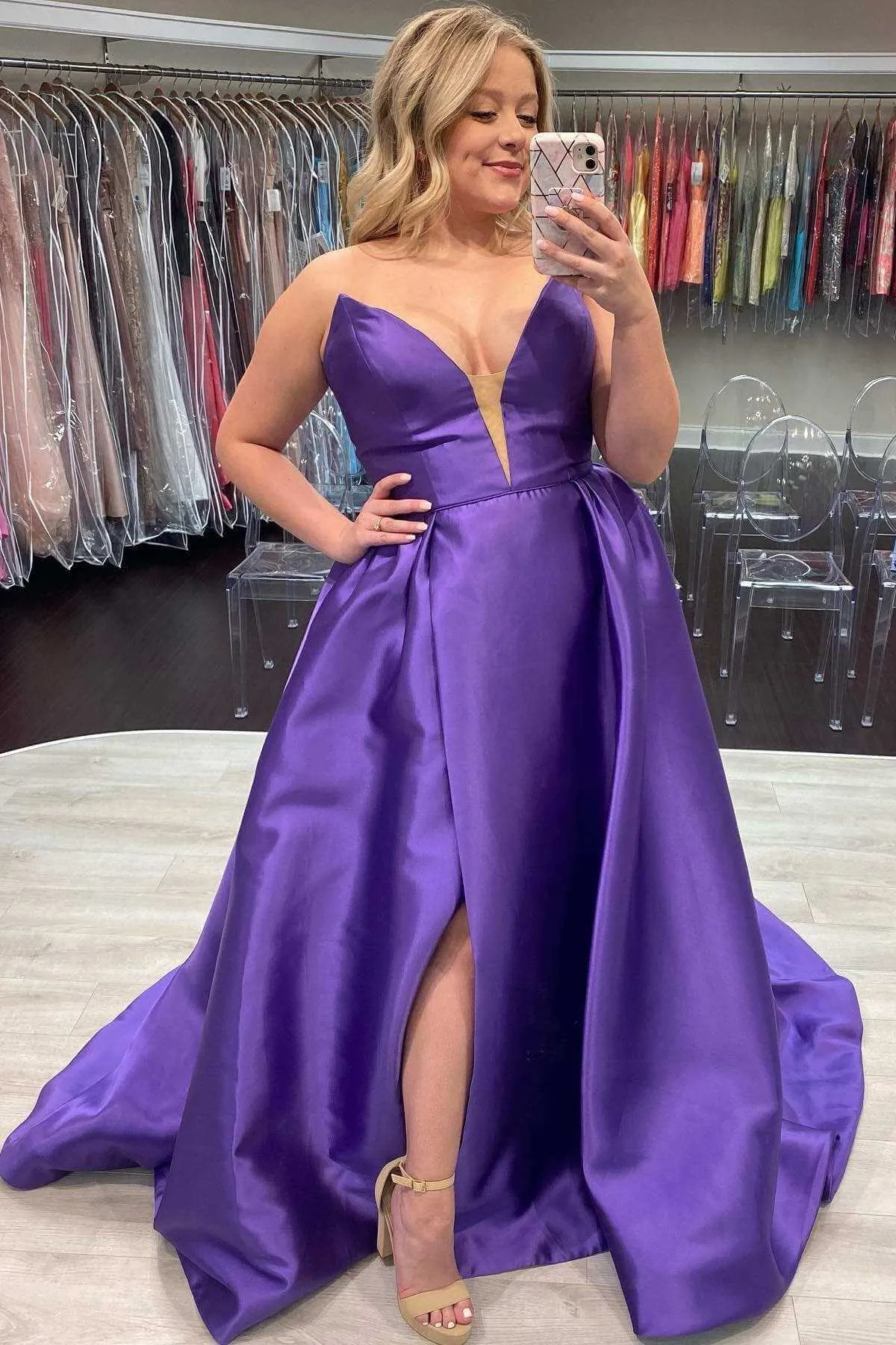 Purple Plus Size Prom Dresses Satin V Neck Sleeveless Formal Dress with Split sold by My Chic Dress product image thumbnail 2